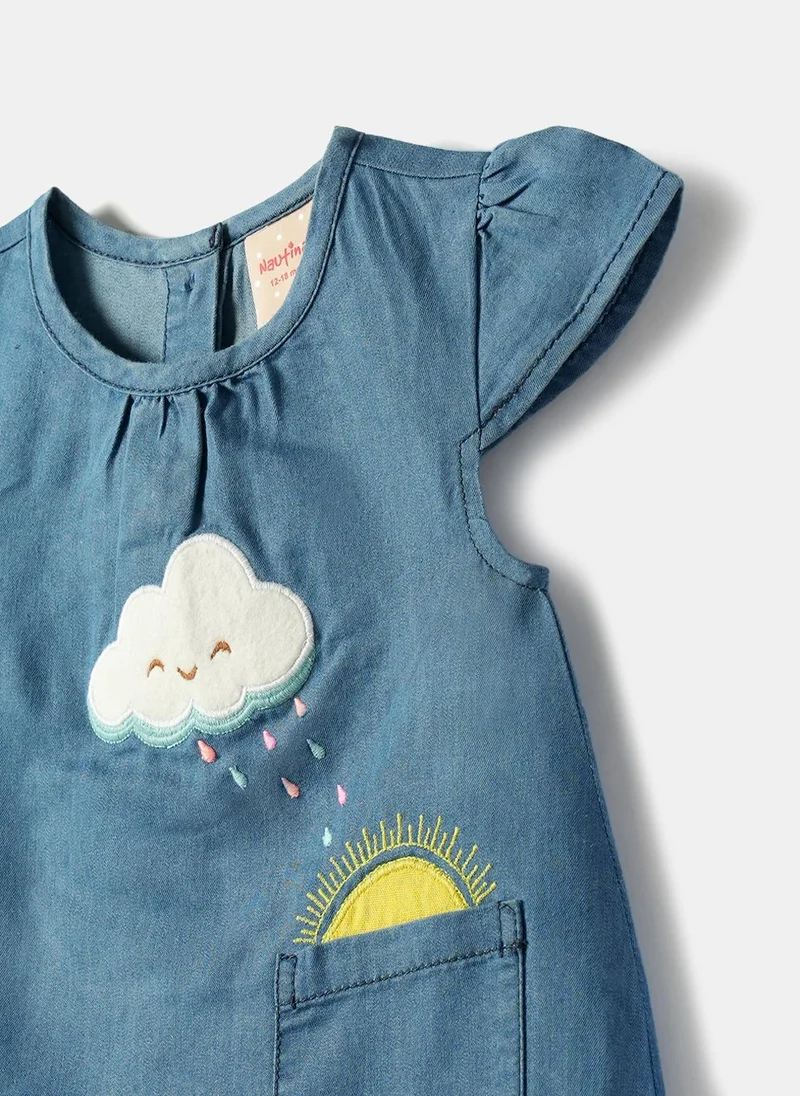 Nautinati denim blue Nautinati Girls' Denim Cloud, Sun, Floral Bee & Rain Applique A-Line Dress for Women | Best Price UAE